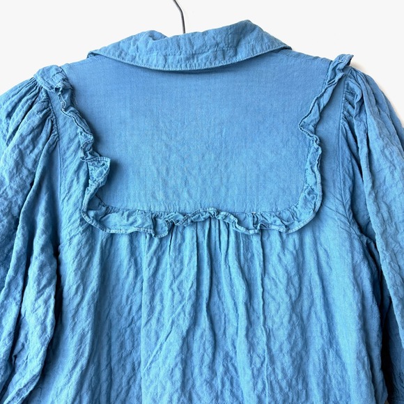 Sandy Liang Oversized Mini Shirt Dress XS Blue Crinkle Coquette Cottagecore Puff - Picture 7 of 10